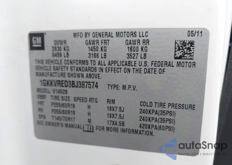 2011 GMC Acadia Slt-1 z USA, uszkodzony, nr VIN 1GKKVRED3BJ387574